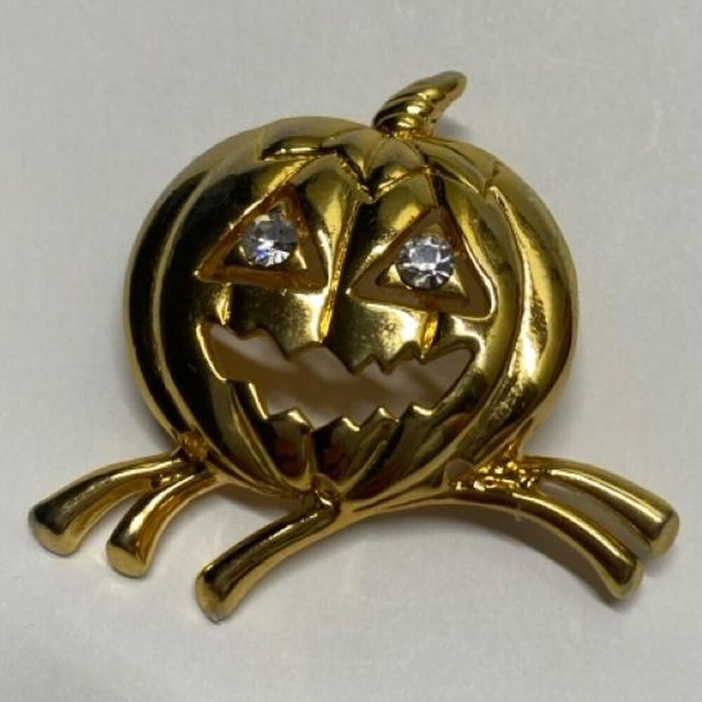 Vintage Rhinestone Jack-O’-Lantern Pumpkin Brooch Avon Women's Gold Jewelry
